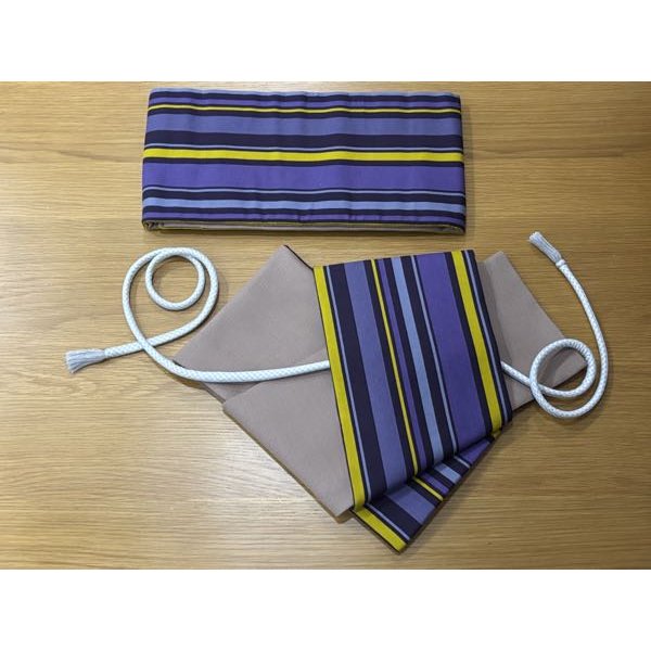 画像1: コットンウールストライプ（帯締め付き）・used品アップサイクル二部式帯・吉弥デザイン (1)