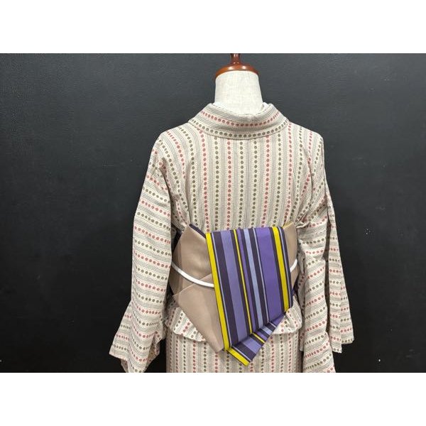 画像2: コットンウールストライプ（帯締め付き）・used品アップサイクル二部式帯・吉弥デザイン (2)